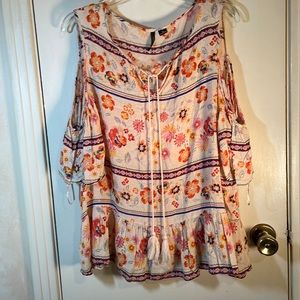 New Direction Cold Shoulder Blouse Peach Blouse, Tie Tassel in Front